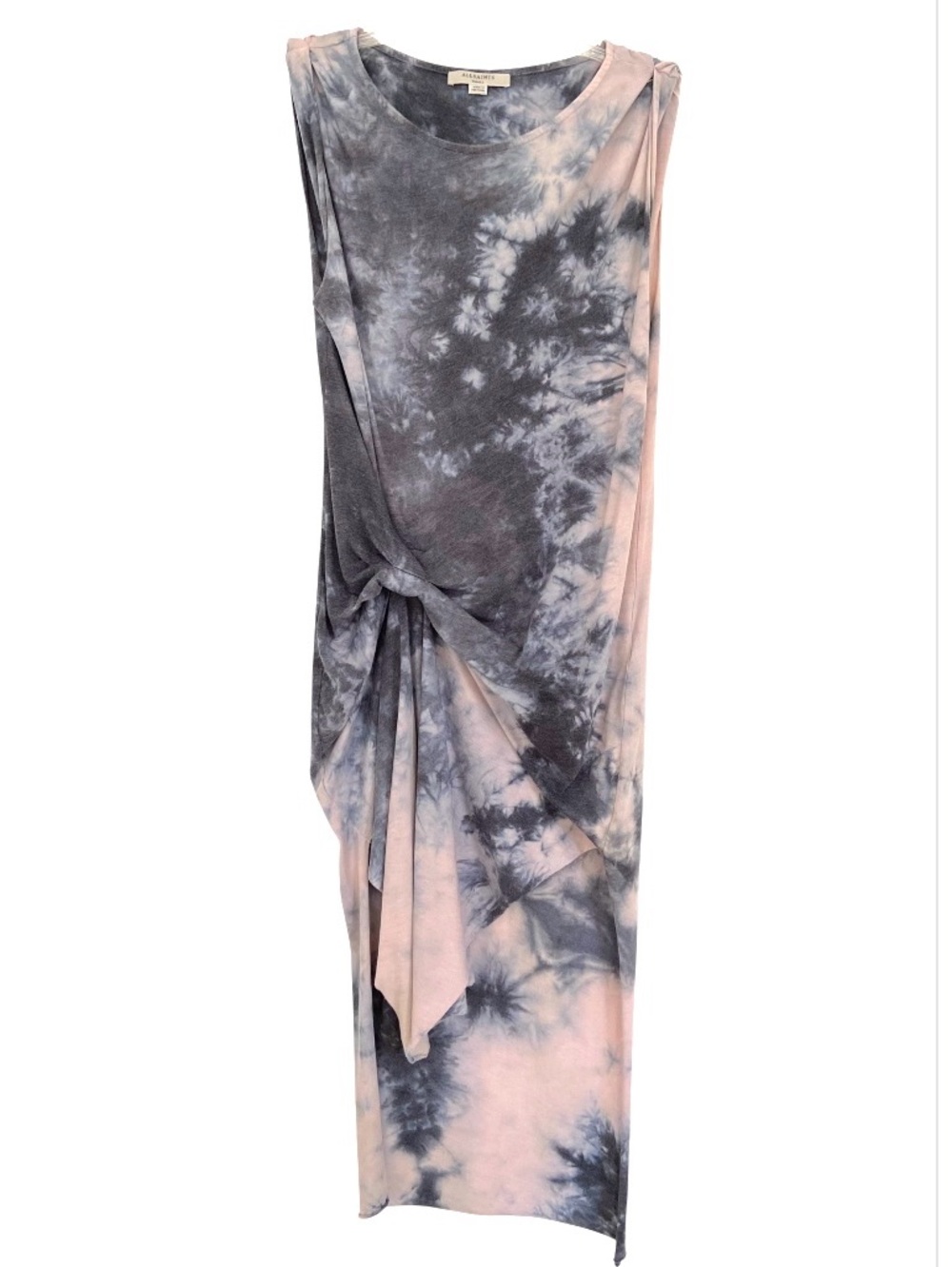 AllSaints Dyetie Riviera Dress Tie Dye Draped Knot Midi Maxi Blue Grey Size S